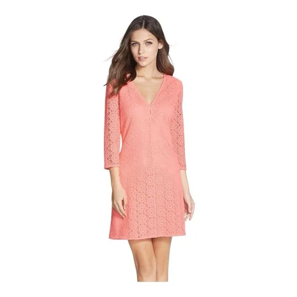 Lilly Pulitzer Lamora Pucker Pink‎ Breakers Lined Size Medium Lace Tunic Dress - Picture 3 of 16